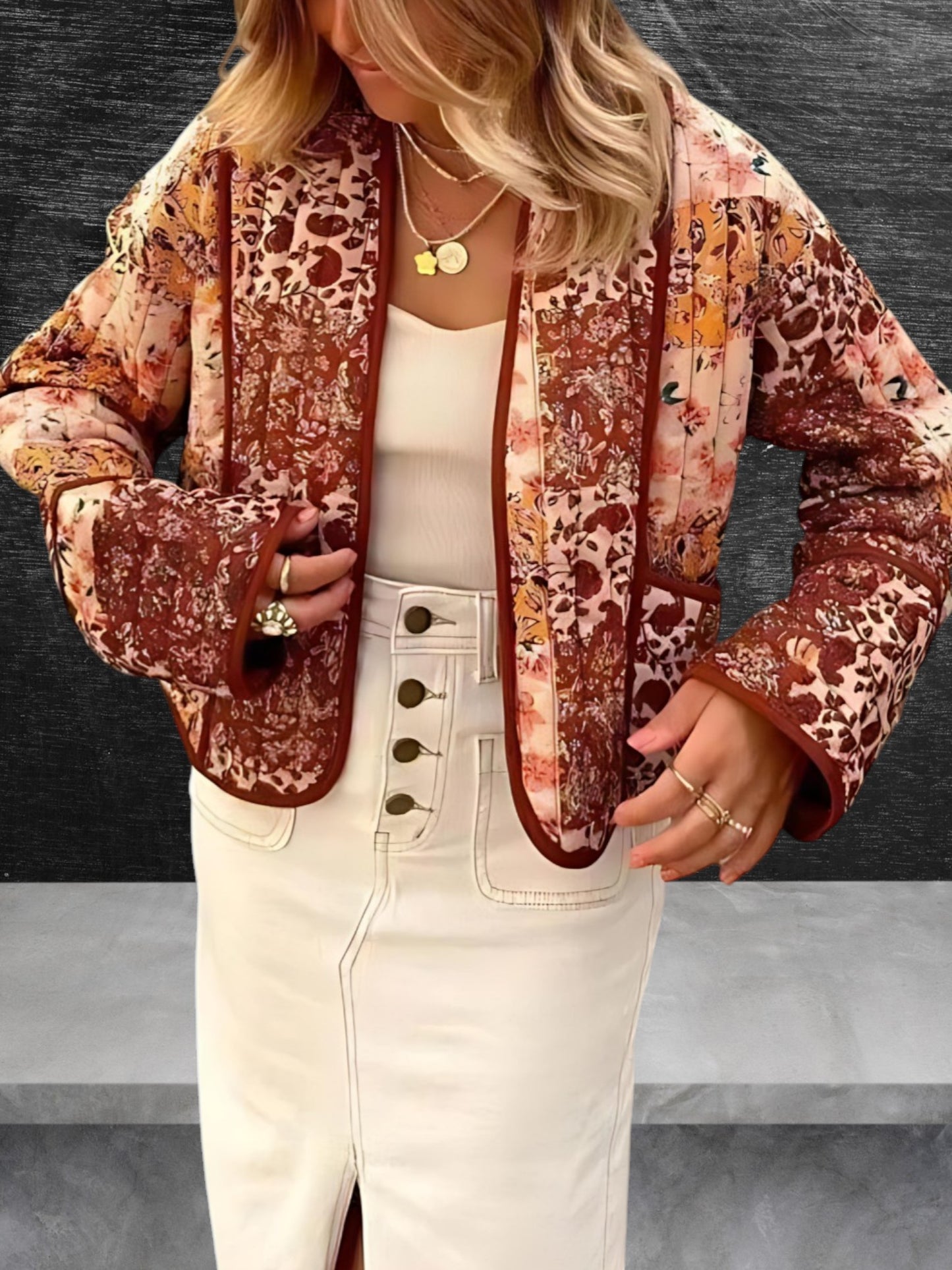 Women's Vintage Patchwork Jacket with Long Sleeves for Casual Wear | Red/Orange