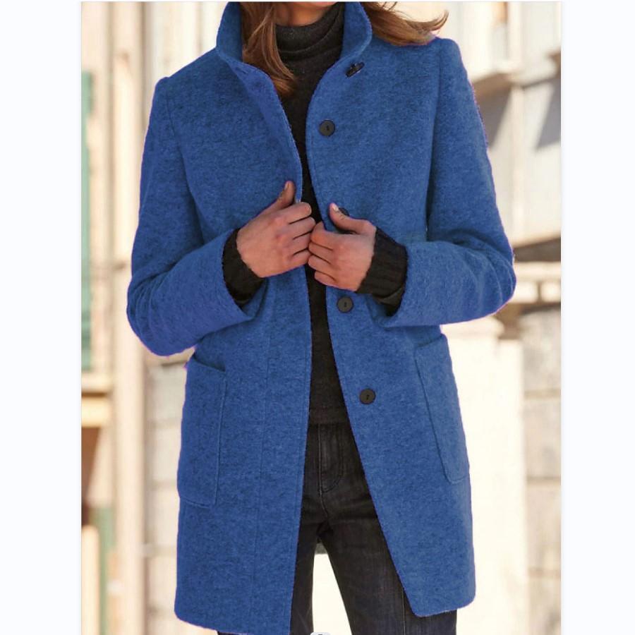 Wool Coat Women, Retro Button Closure | Winter | Dark Blue