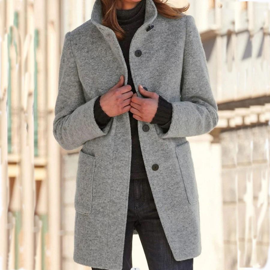 Wool Coat Women, Retro Button Closure | Winter | Light Gray