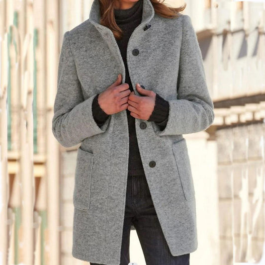 Wool Coat Women, Retro Button Closure | Winter | Light Gray