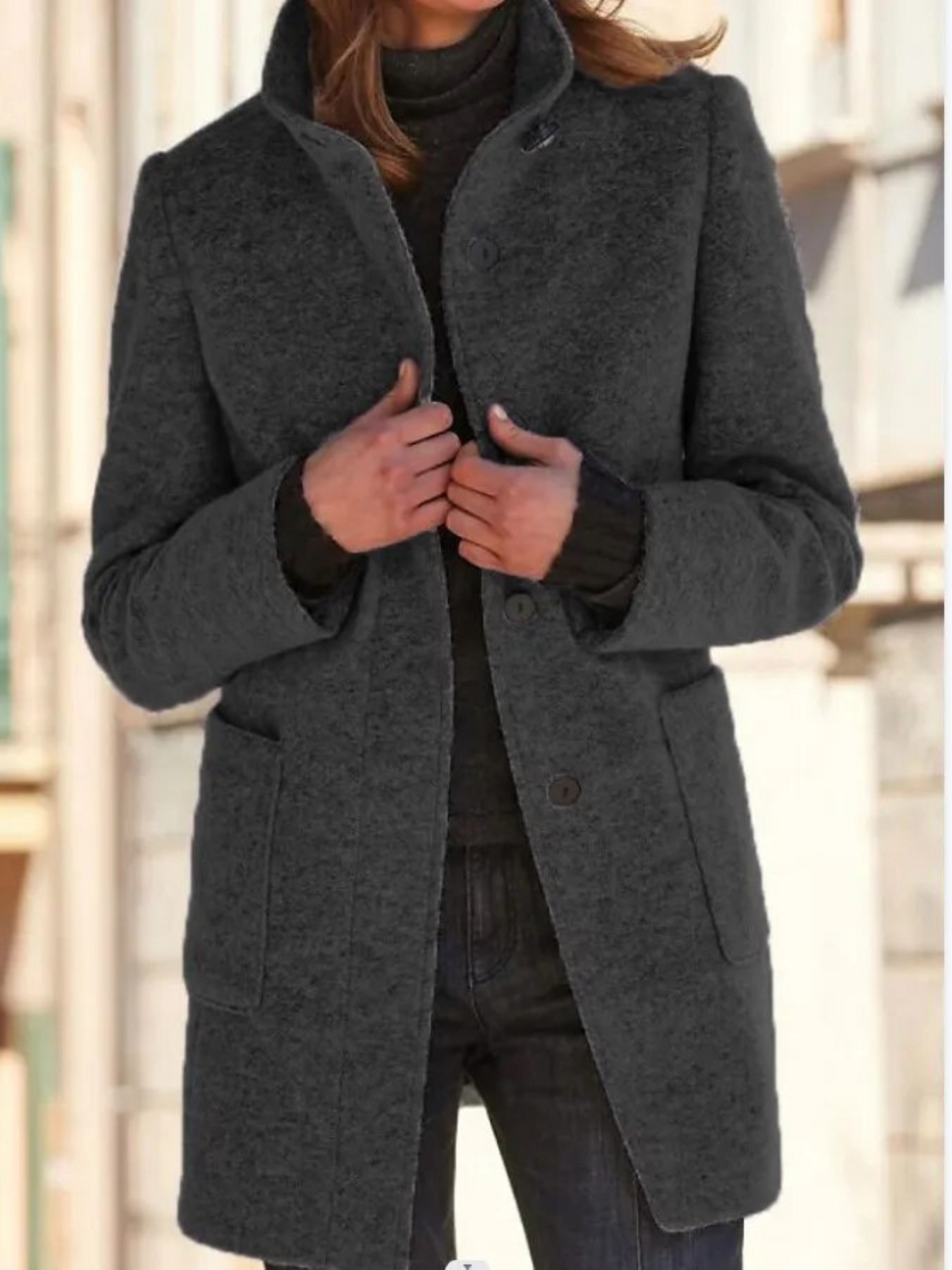 Wool Coat for Women | Elegant Fit, Button Closure | Dark gray