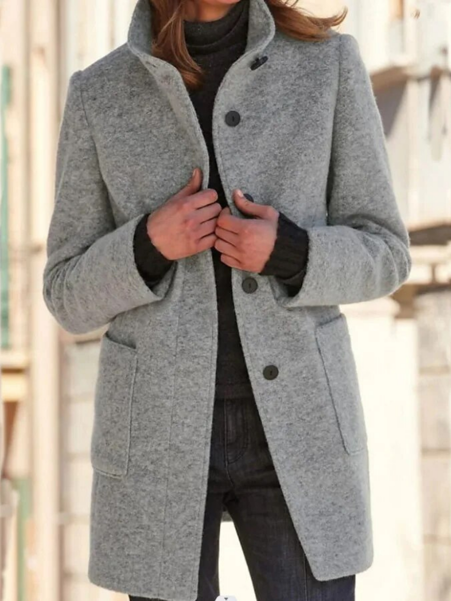 Wool Coat for Women | Elegant Fit, Button Closure | Gray