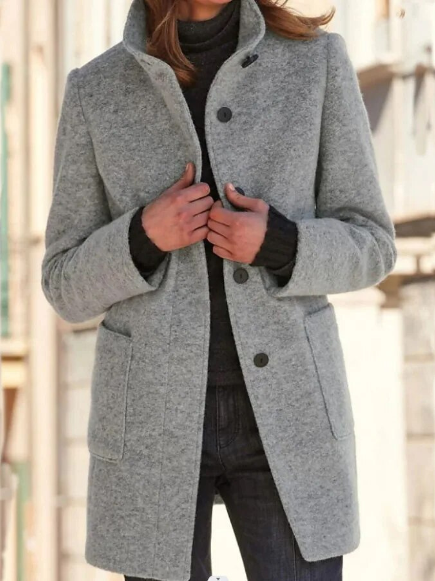 Wool Coat for Women | Elegant Fit, Button Closure | Gray