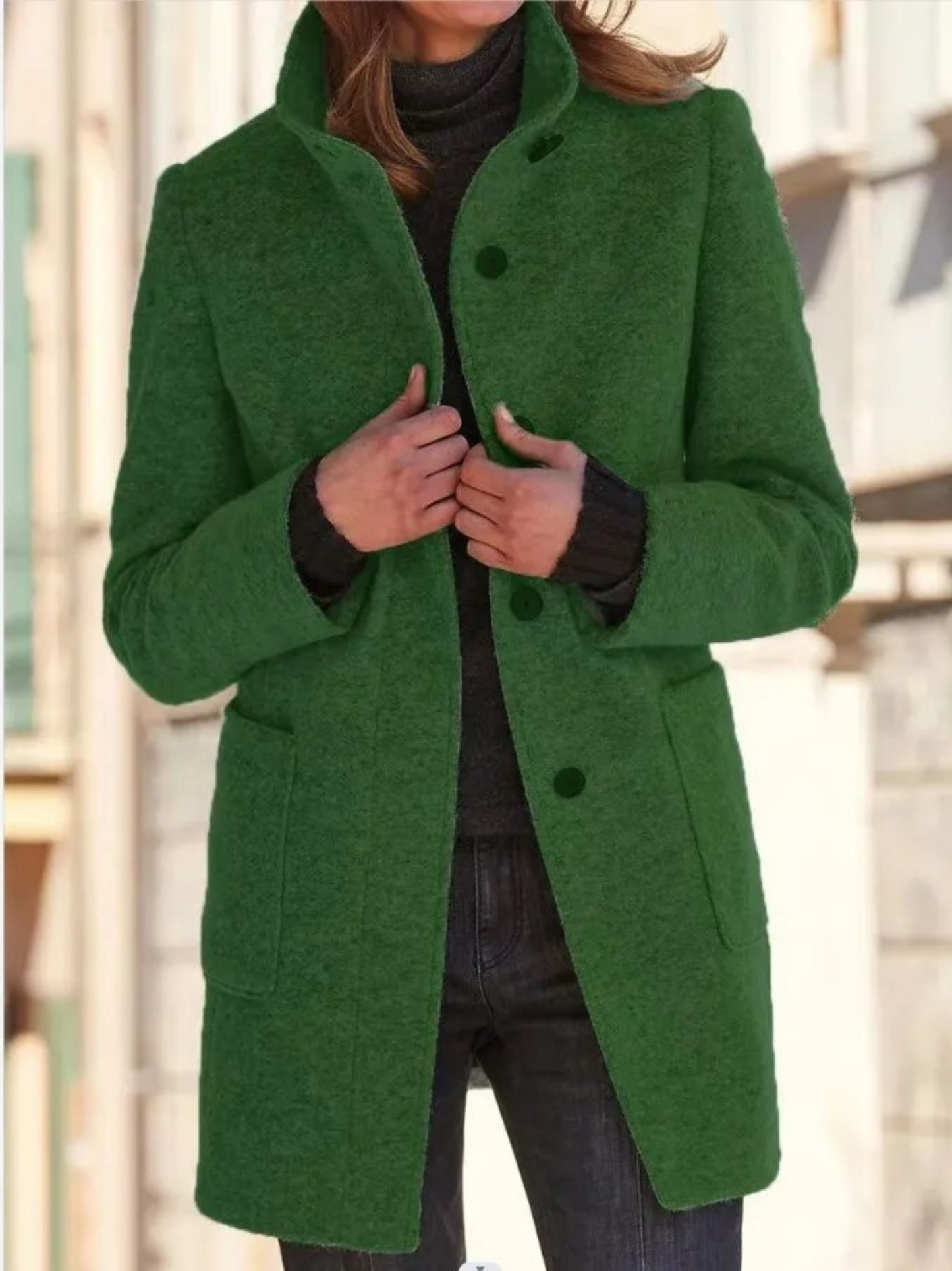 Wool Coat for Women | Elegant Fit, Button Closure | Green