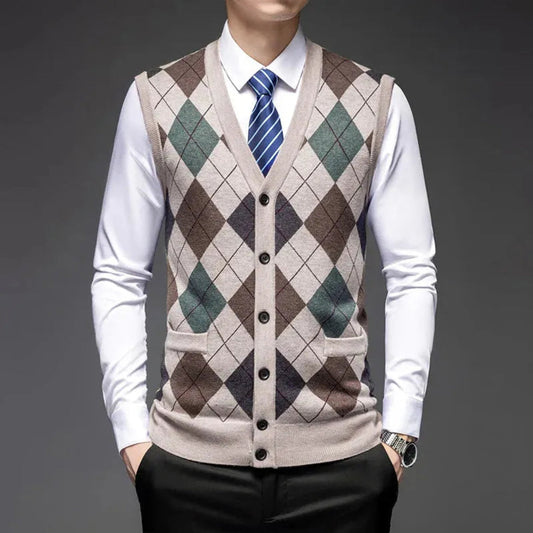 Wool Vest for Men | Classic Argyle Sleeveless | Tailored Fit | Beige