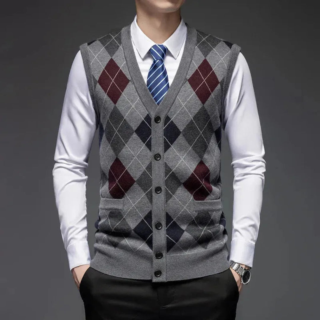 Wool Vest for Men | Classic Argyle Sleeveless | Tailored Fit | Gray