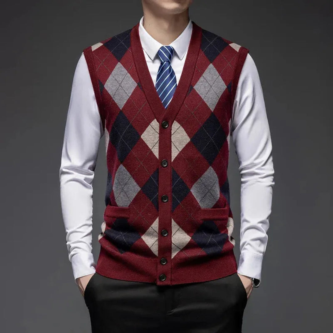 Wool Vest for Men | Classic Argyle Sleeveless | Tailored Fit | Red