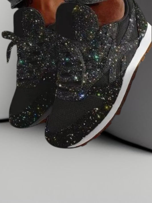 Xyla | Women's Casual Glitter Shoes with Sequins and Lace-up Closure, Medium Heel | Black