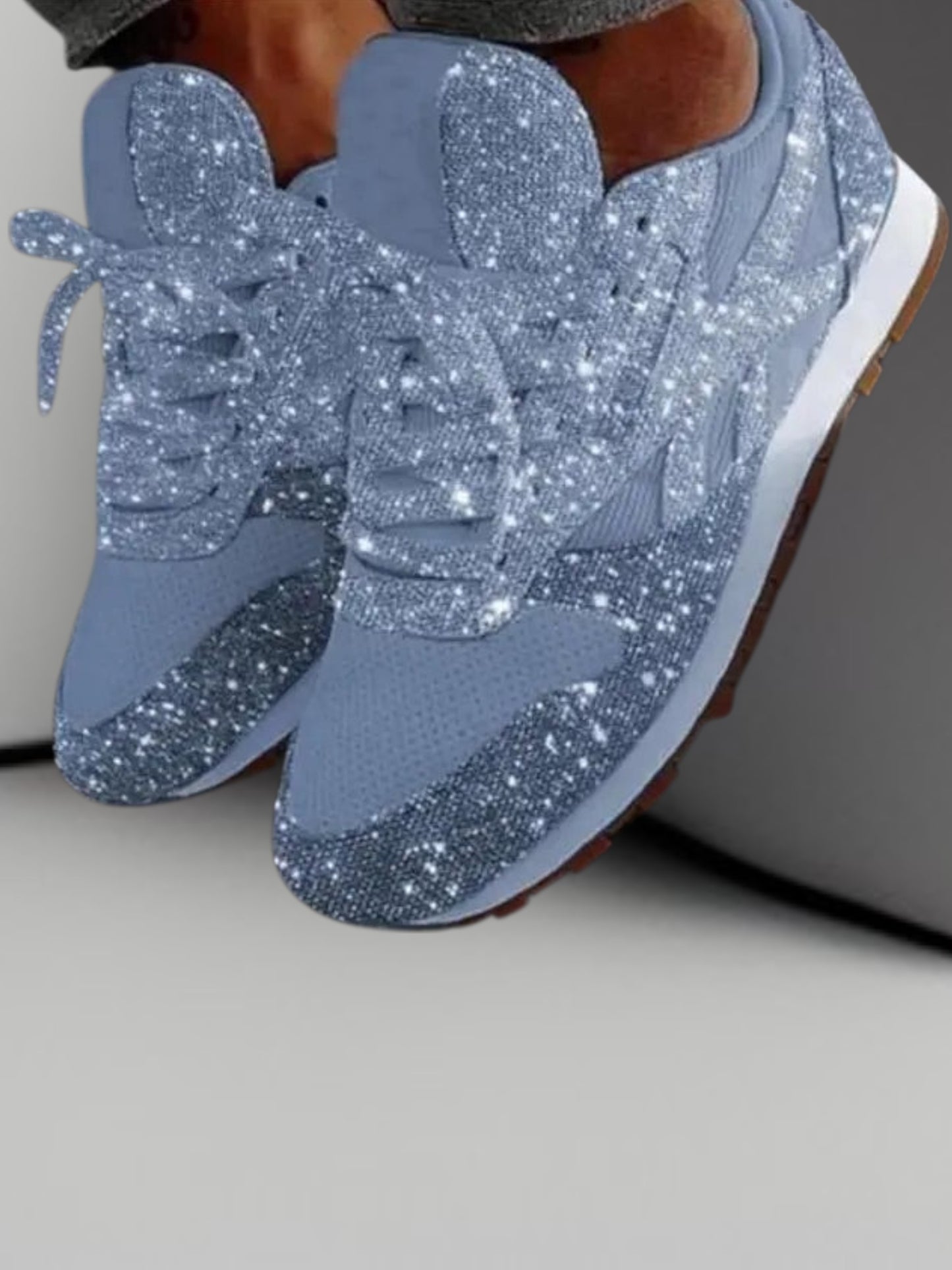 Xyla | Women's Casual Glitter Shoes with Sequins and Lace-up Closure, Medium Heel | Light Blue