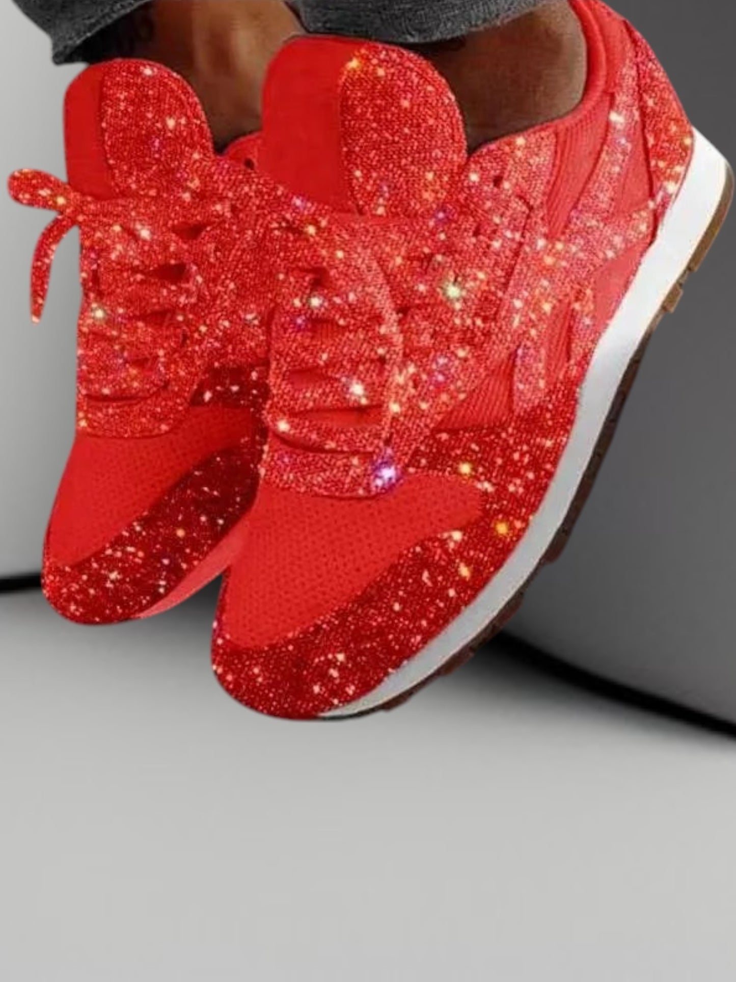 Xyla | Women's Casual Glitter Shoes with Sequins and Lace-up Closure, Medium Heel | Red