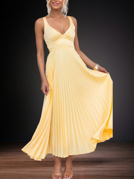 Yellow Pleated V-Neck Maxi Dress for Women with Adjustable Straps – Flattering Long Dress for Weddings and Summer Parties | Yellow