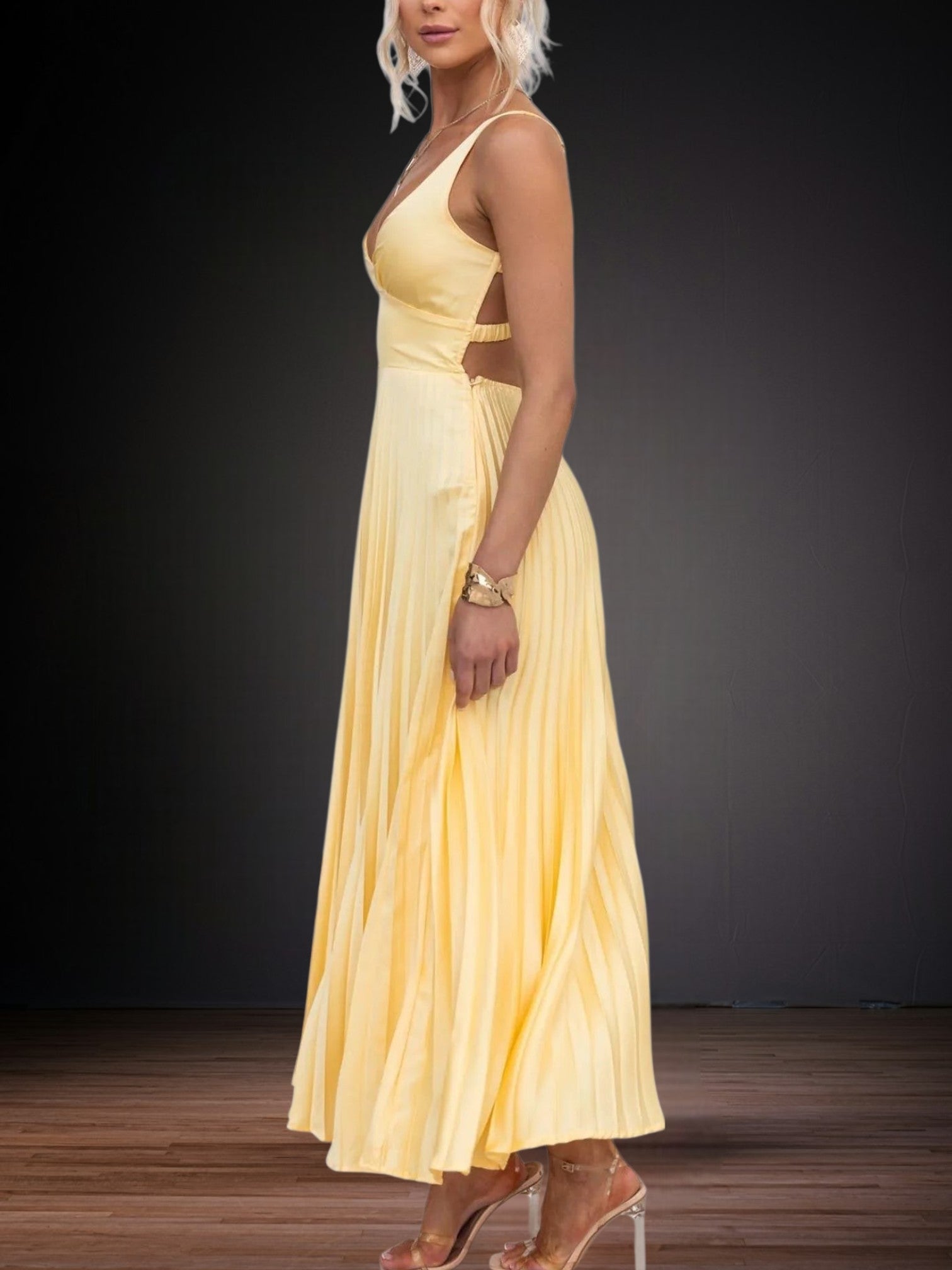 Yellow Pleated V-Neck Maxi Dress for Women with Adjustable Straps – Flattering Long Dress for Weddings and Summer Parties | Yellow 2