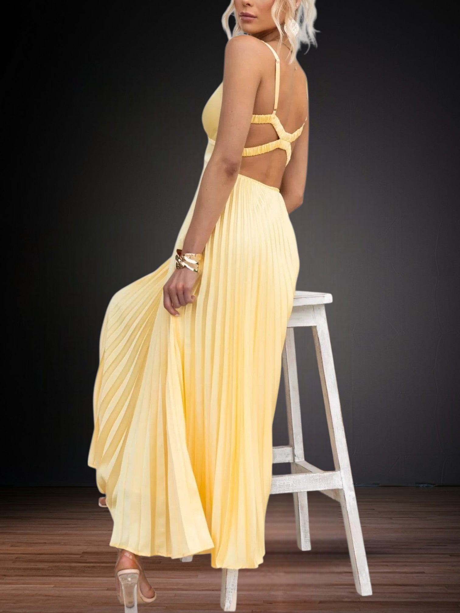 Yellow Pleated V-Neck Maxi Dress for Women with Adjustable Straps – Flattering Long Dress for Weddings and Summer Parties | Yellow 3