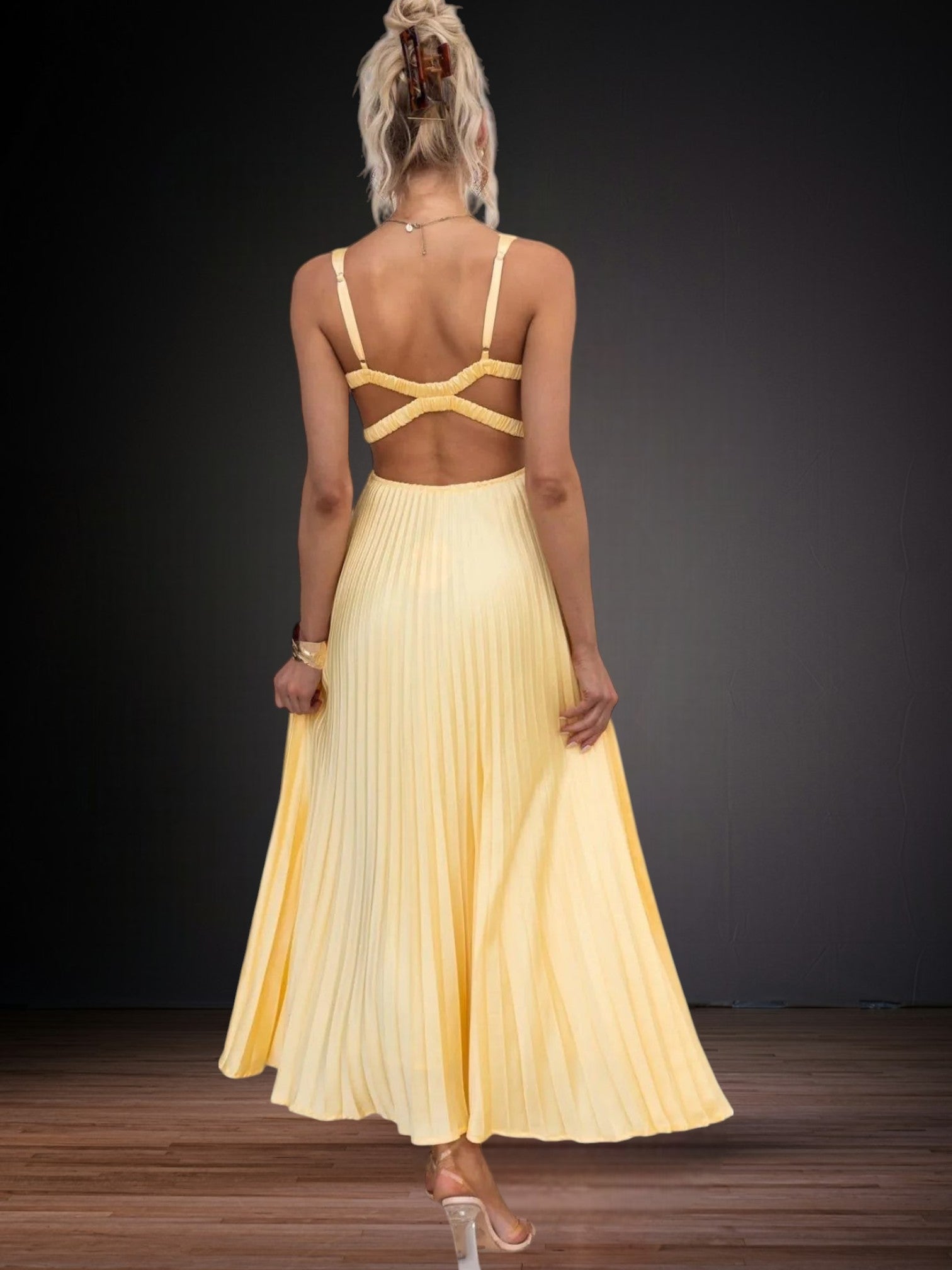 Yellow Pleated V-Neck Maxi Dress for Women with Adjustable Straps – Flattering Long Dress for Weddings and Summer Parties | Yellow 4