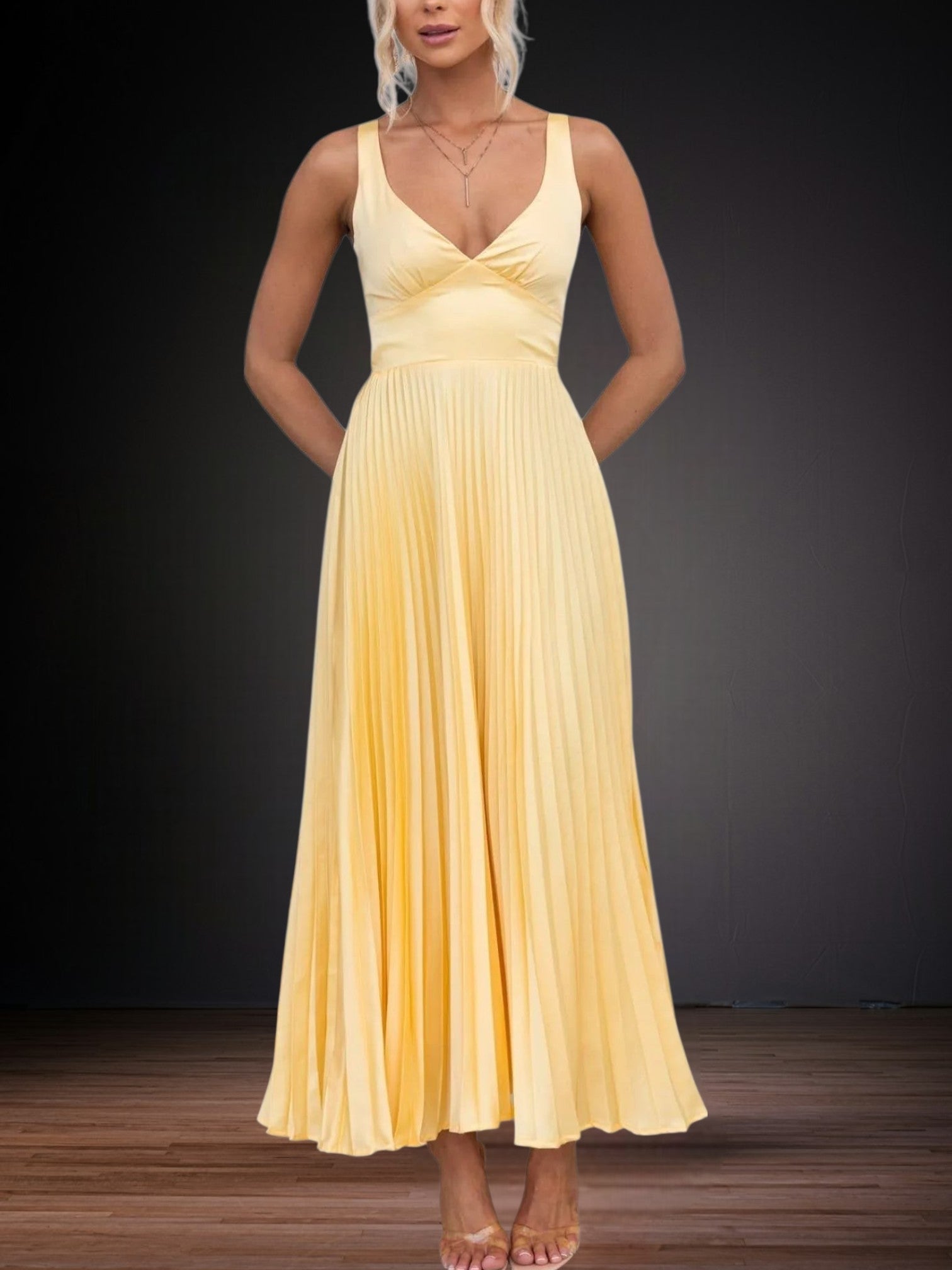 Yellow Pleated V-Neck Maxi Dress for Women with Adjustable Straps – Flattering Long Dress for Weddings and Summer Parties | Yellow 5