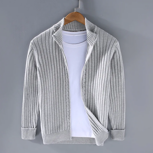 Zip Up Cardigan for Men | Full-Zip, Ribbed Cuffs | Light Gray