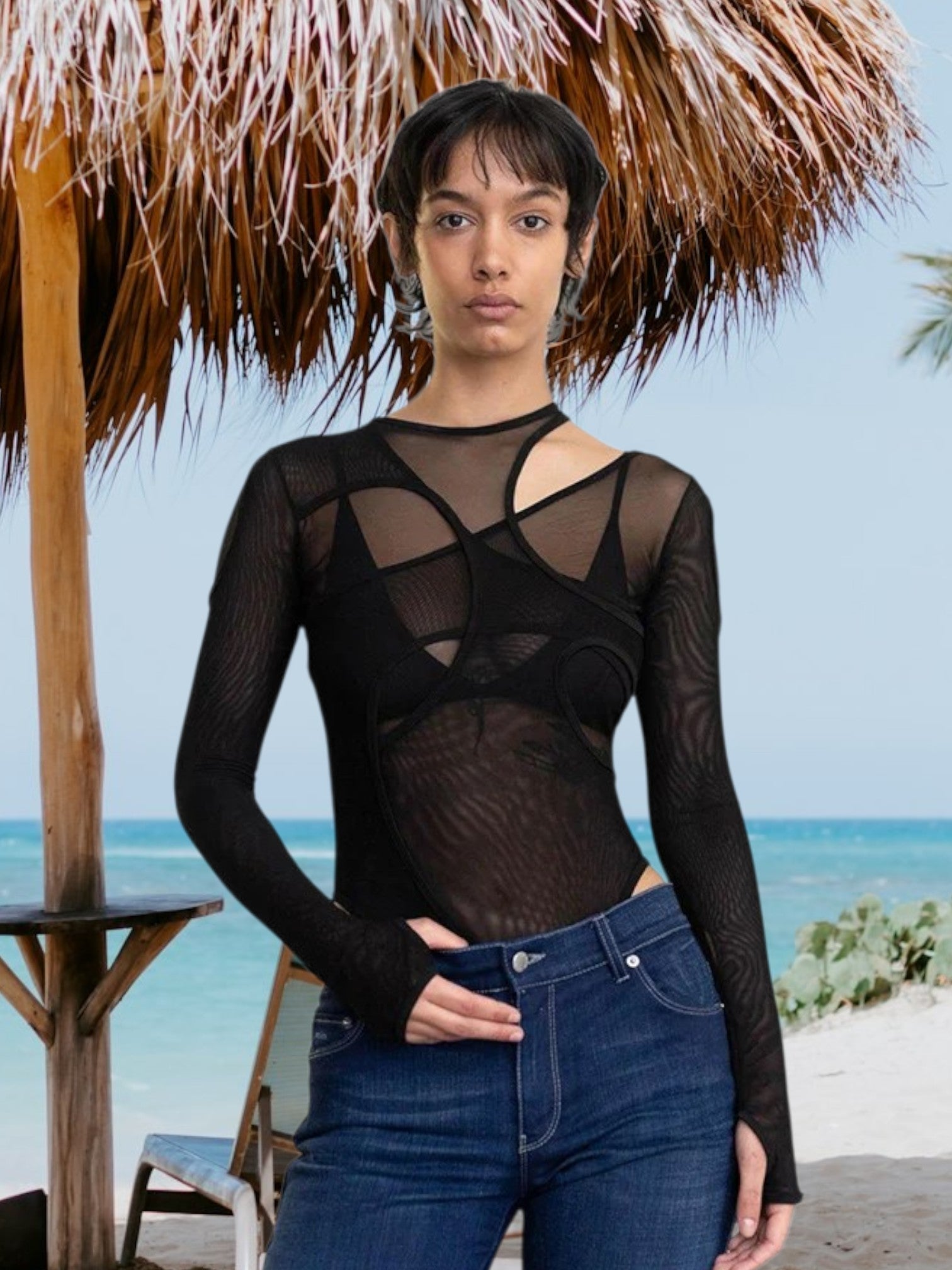 Zivora | Long Sleeve Bodysuit for Women with Unique Graphic Details and Asymmetrical Cut | Black