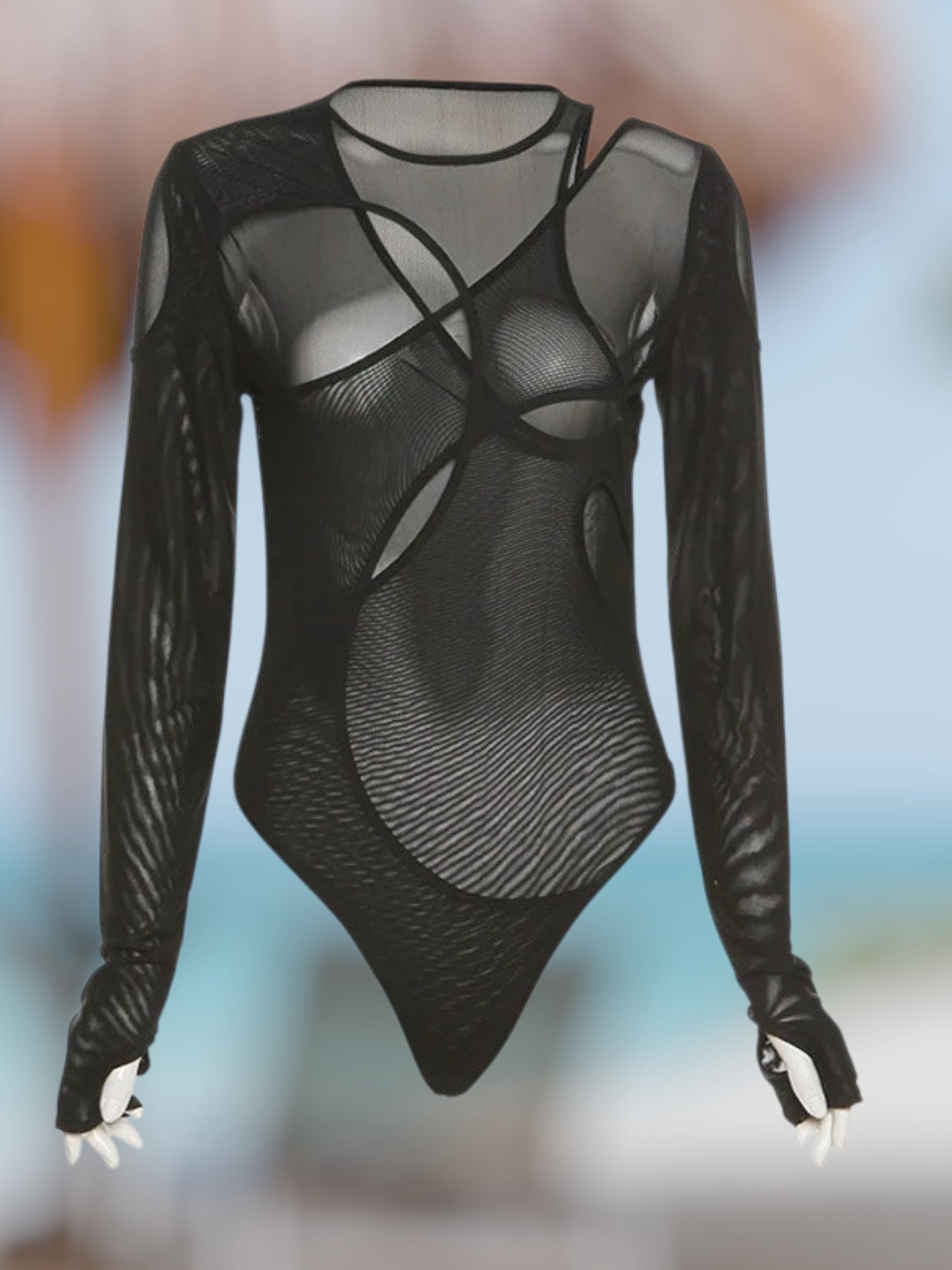 Zivora | Long Sleeve Bodysuit for Women with Unique Graphic Details and Asymmetrical Cut | Black 2