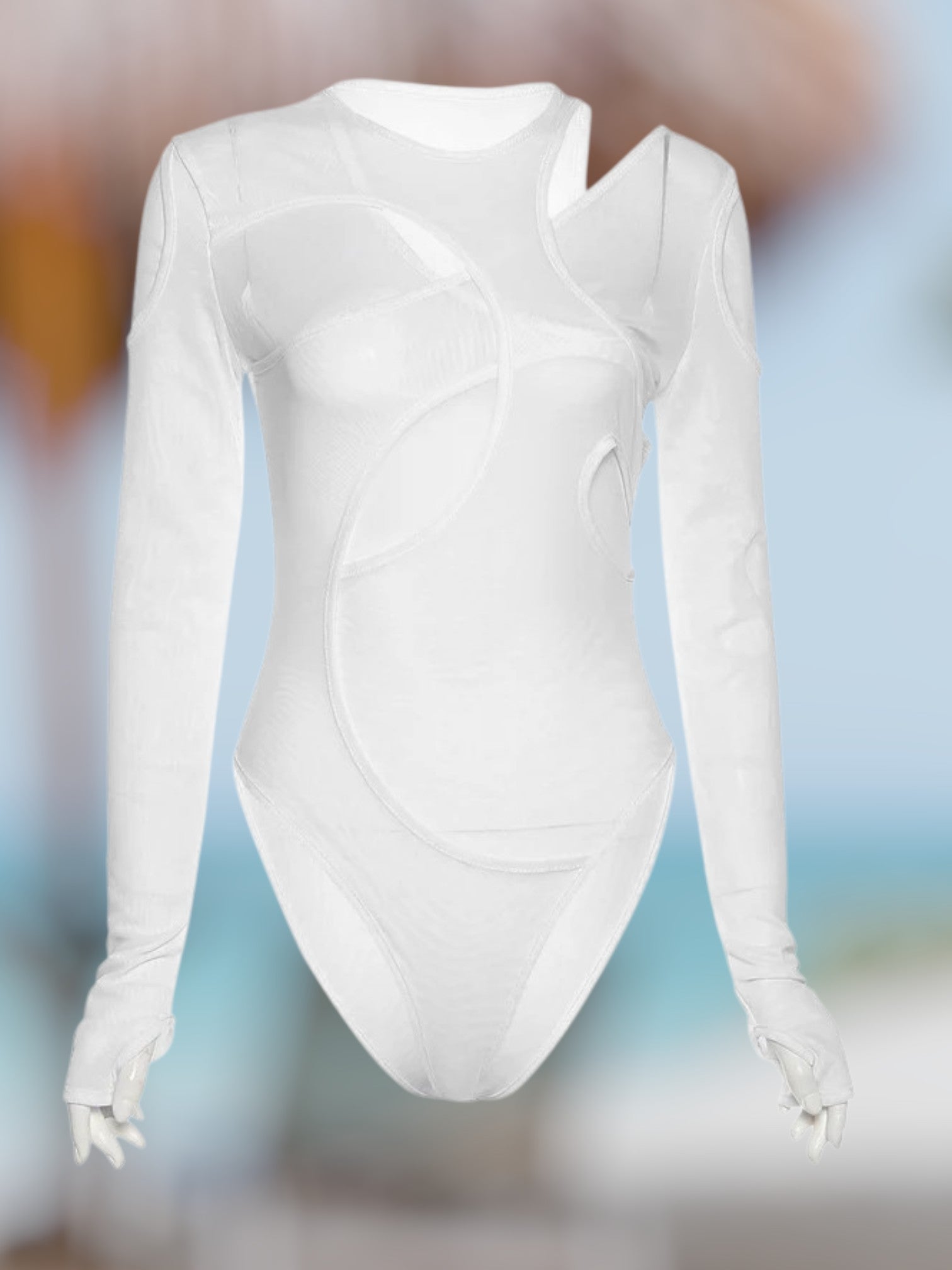 Zivora | Long Sleeve Bodysuit for Women with Unique Graphic Details and Asymmetrical Cut | White 3