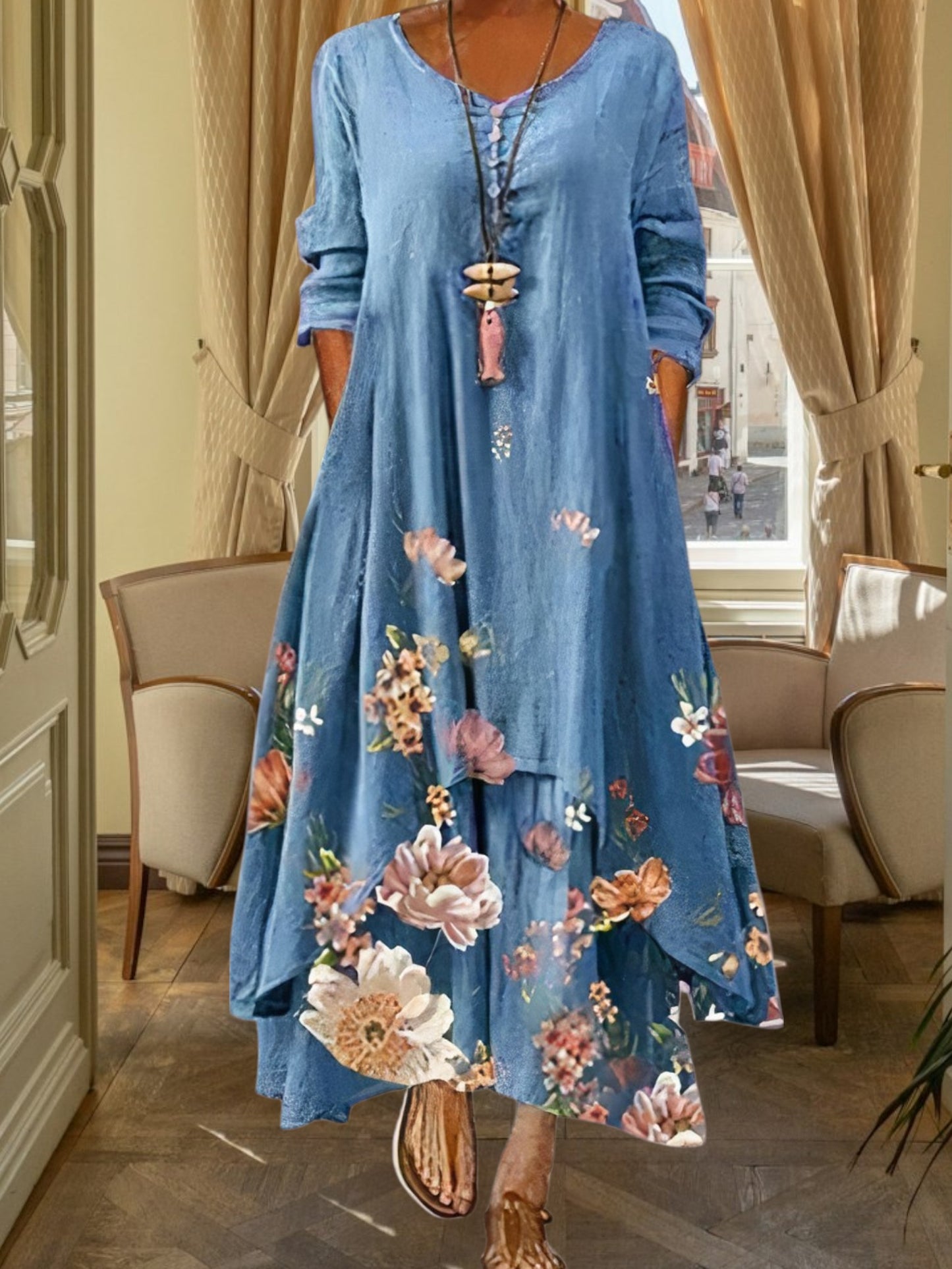 all-season A-line dress in breathable polyester with floral print and 3/4 sleeve | Blue flowers