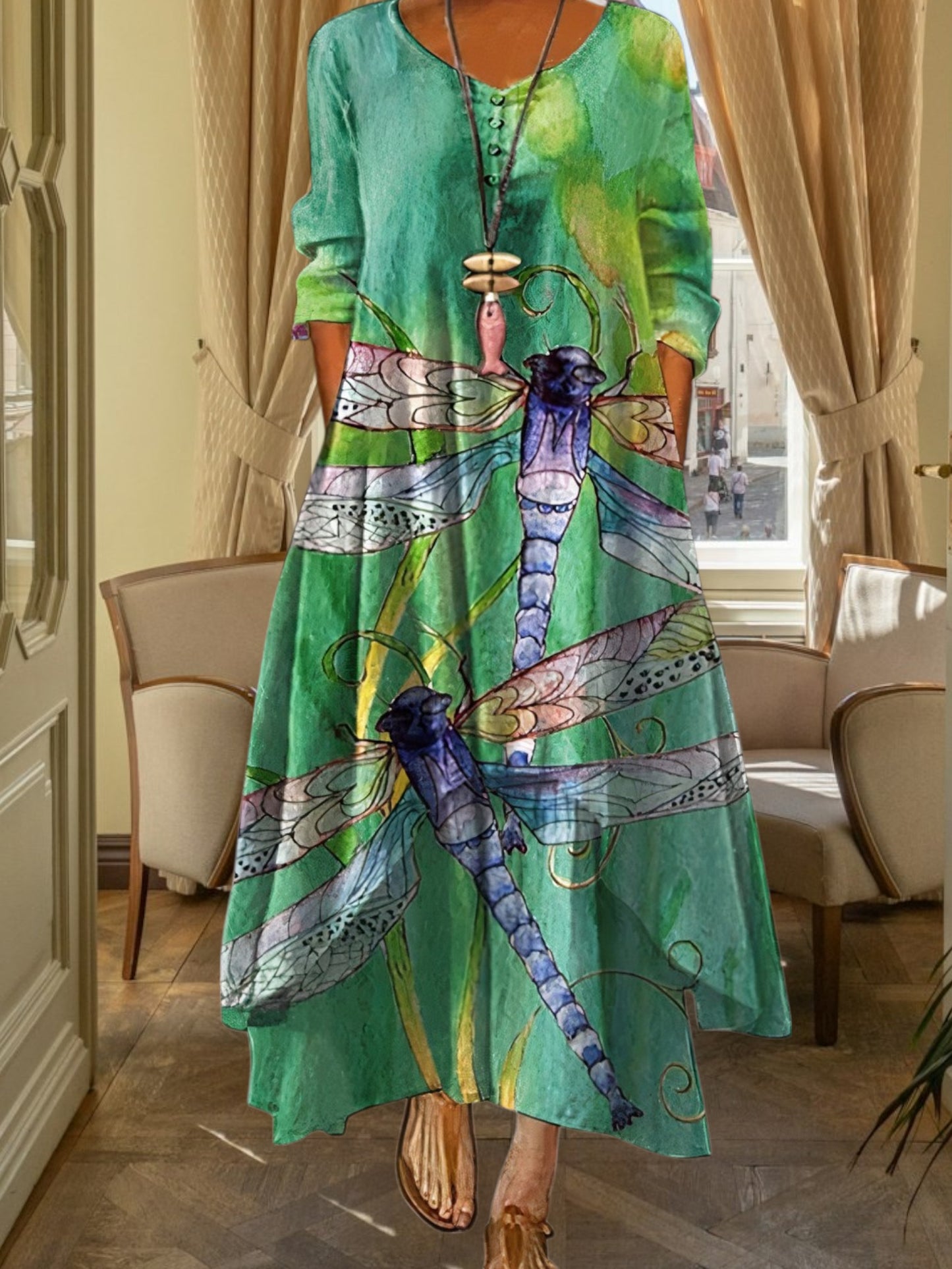 all-season A-line dress in breathable polyester with floral print and 3/4 sleeve | Botanical breeze