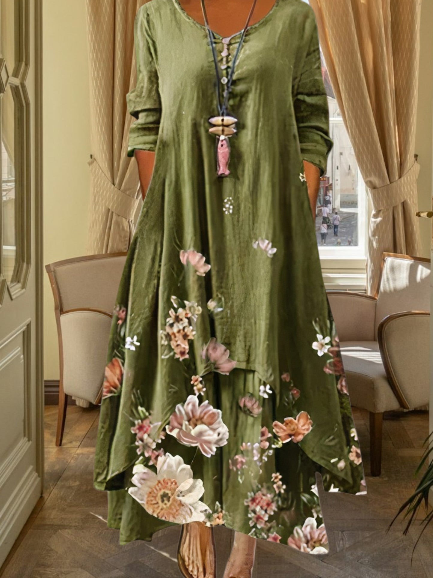 all-season A-line dress in breathable polyester with floral print and 3/4 sleeve | Dragonfly dance
