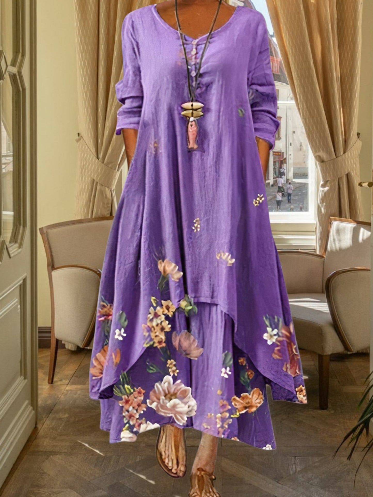 all-season A-line dress in breathable polyester with floral print and 3/4 sleeve | Lavender field