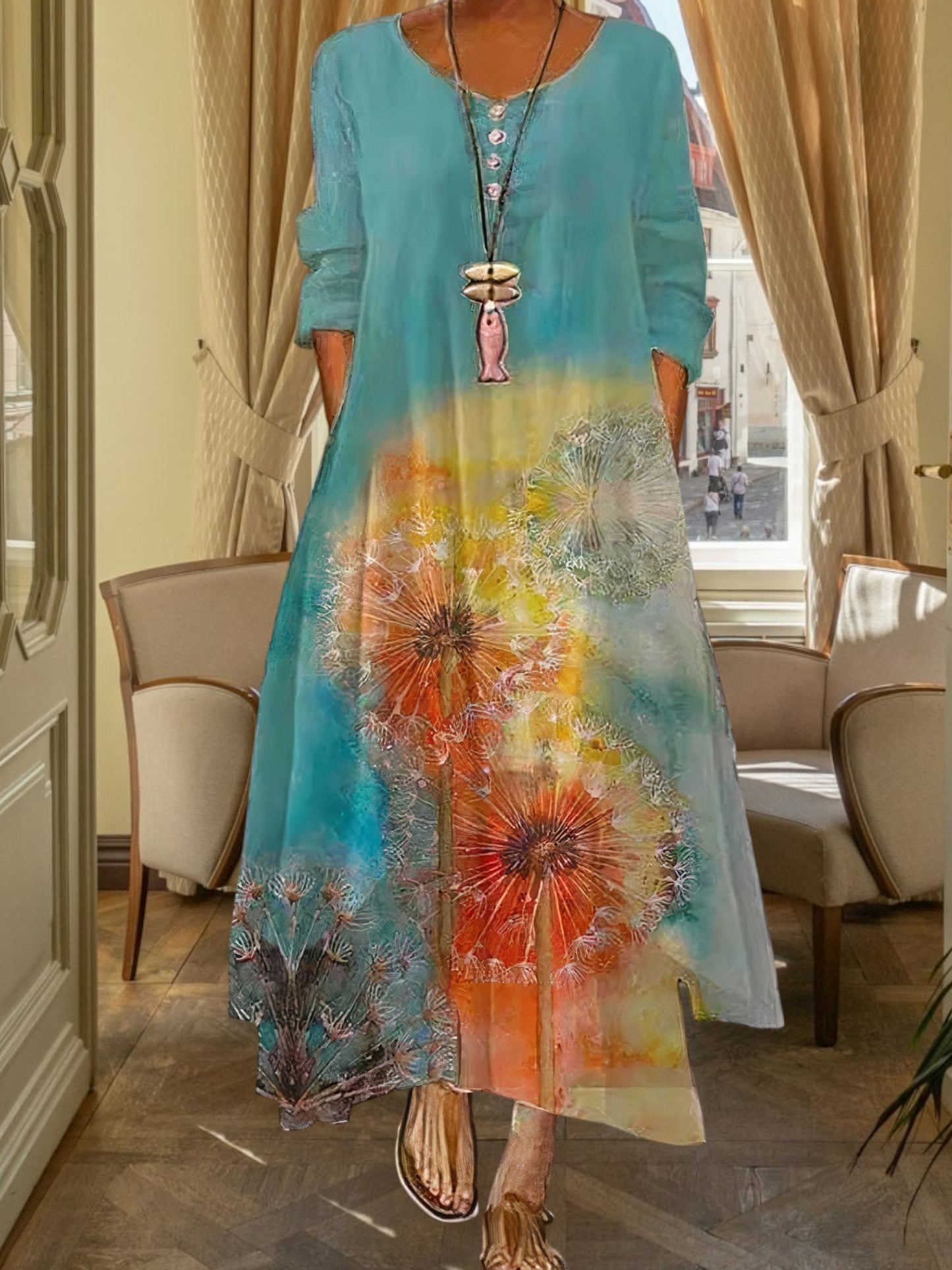 all-season A-line dress in breathable polyester with floral print and 3/4 sleeve | Lavender flowers