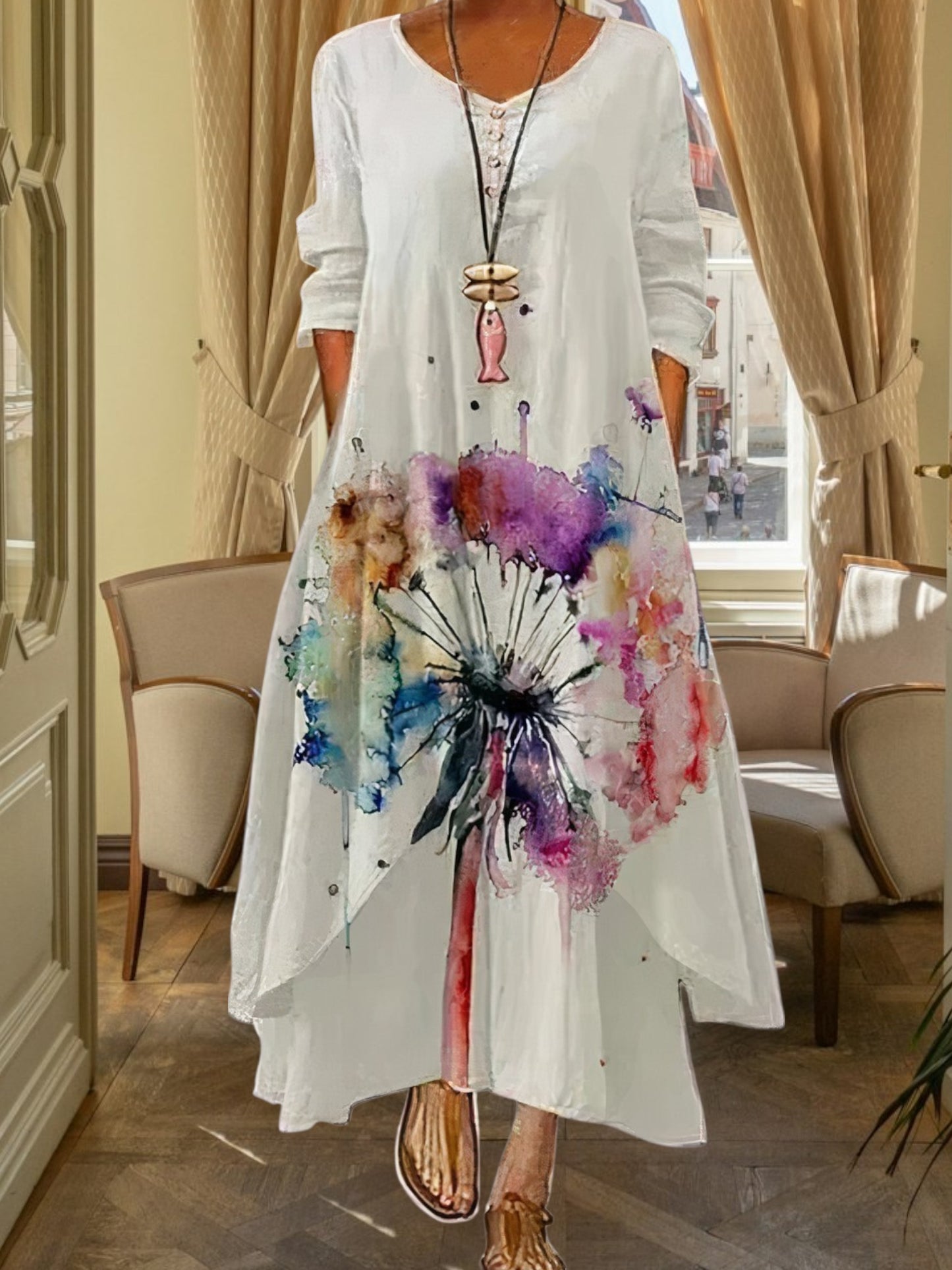 all-season A-line dress in breathable polyester with floral print and 3/4 sleeve | Luxurious spring