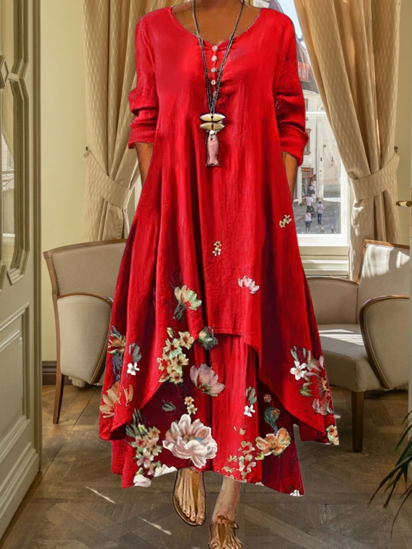 all-season A-line dress in breathable polyester with floral print and 3/4 sleeve | Red flowers