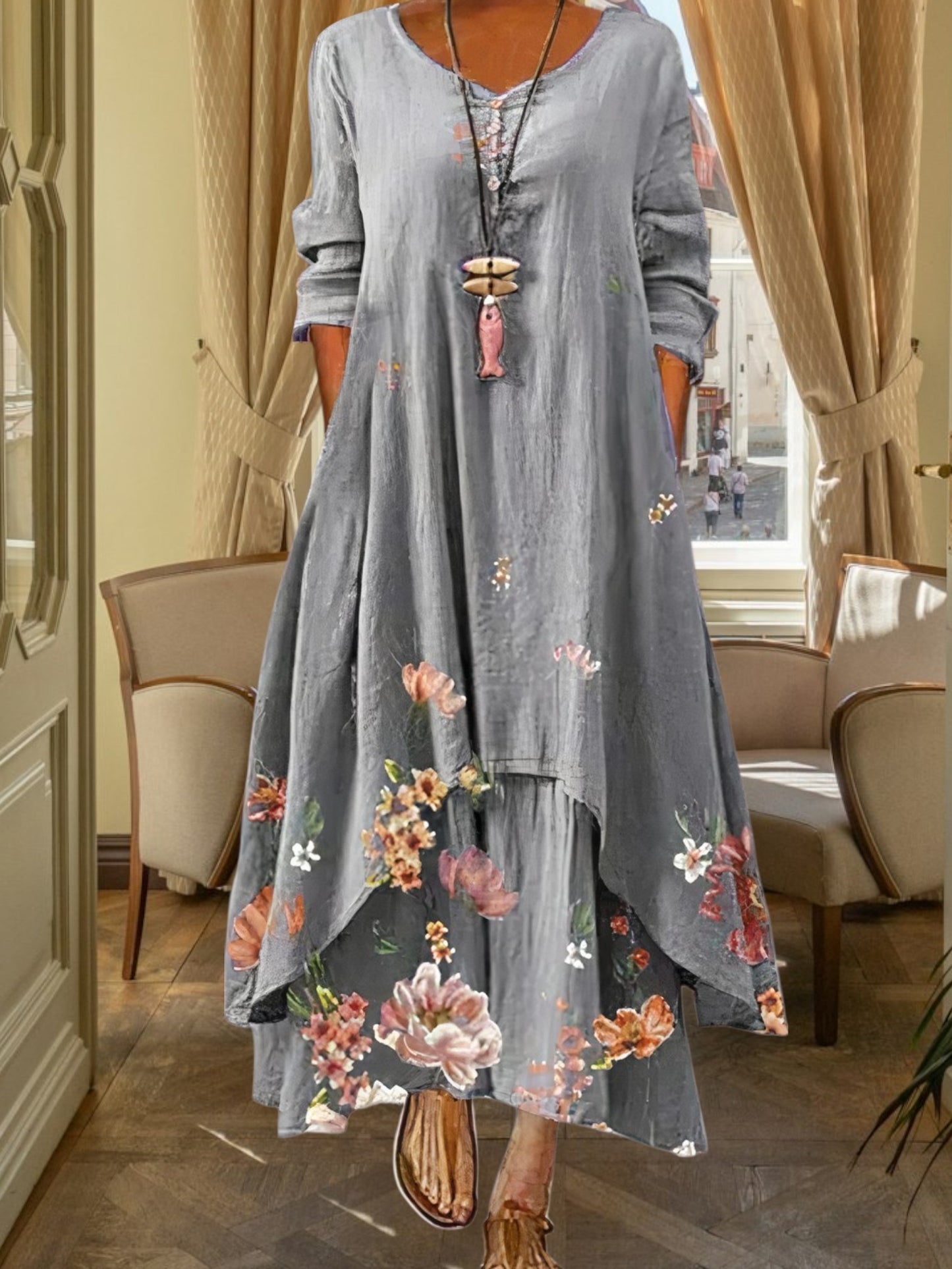 all-season A-line dress in breathable polyester with floral print and 3/4 sleeve | Slate garden