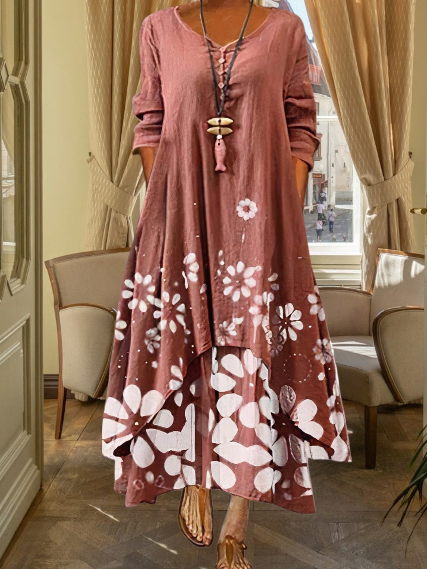all-season A-line dress in breathable polyester with floral print and 3/4 sleeve | Suede flowers