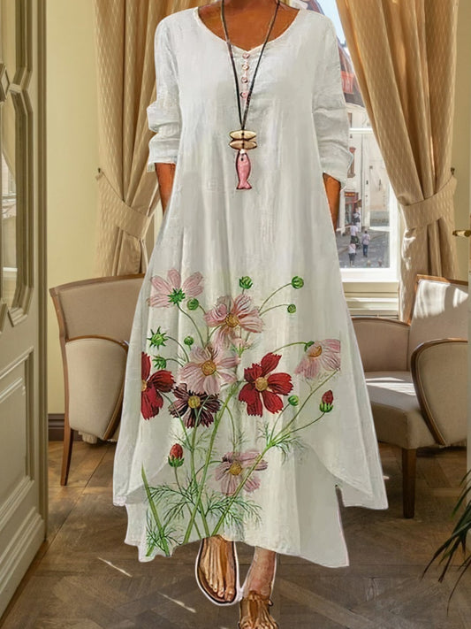 all-season A-line dress in breathable polyester with floral print and 3/4 sleeve | Watercolor dreams
