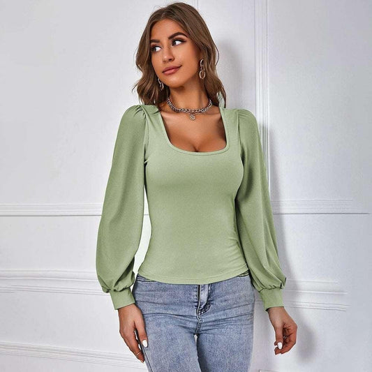 Women's Avocado Green Puff Sleeve Knitted Top - Slim Fit Long Sleeve Sweater