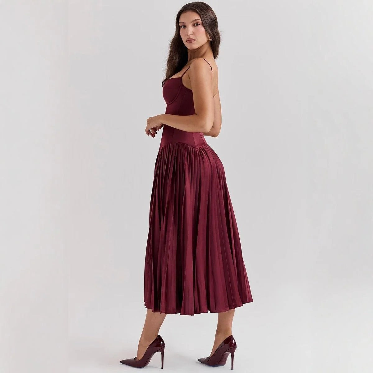 Spaghetti Strap Long Dress – Pleated Slim Fit Evening & Party Dress