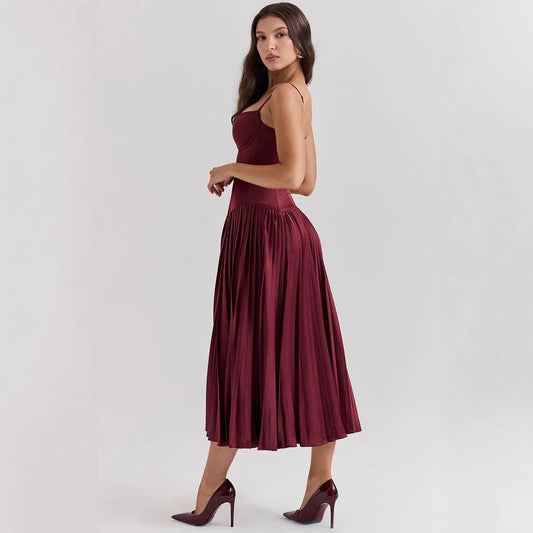 Spaghetti Strap Long Dress – Pleated Slim Fit Evening & Party Dress