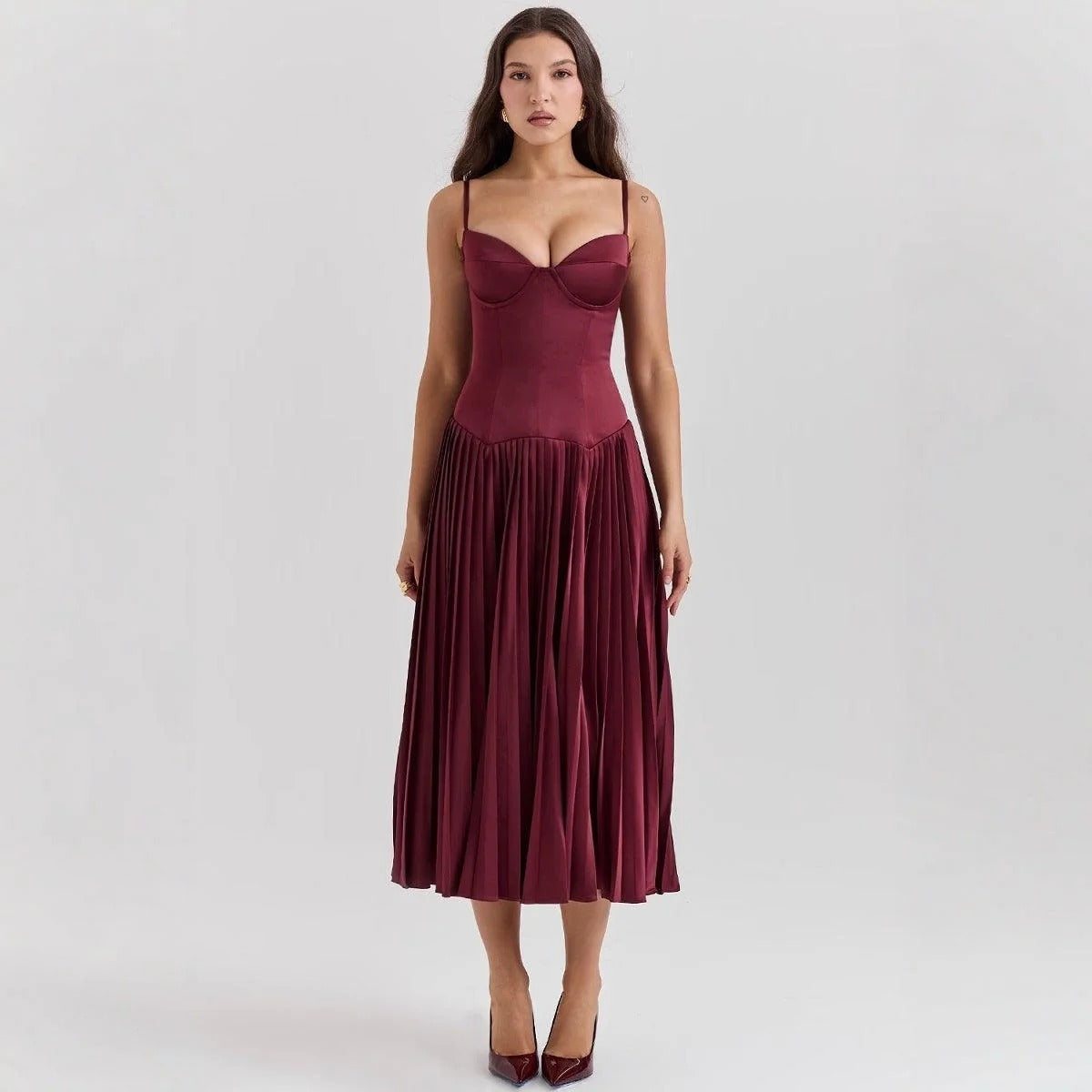 Spaghetti Strap Long Dress – Pleated Slim Fit Evening & Party Dress