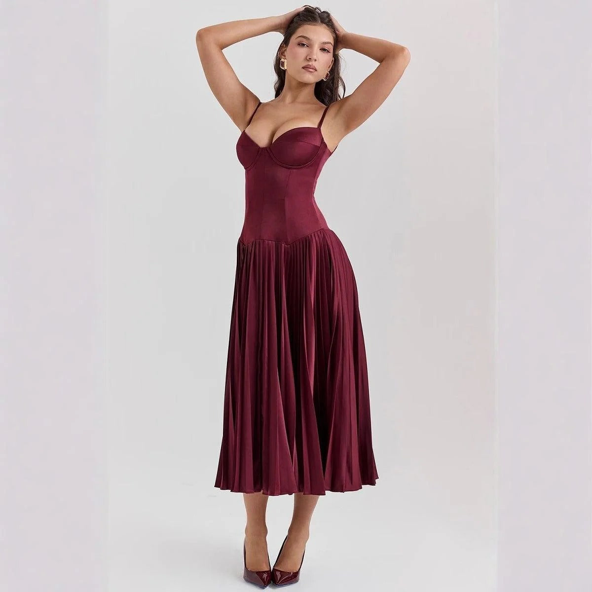 Spaghetti Strap Long Dress – Pleated Slim Fit Evening & Party Dress