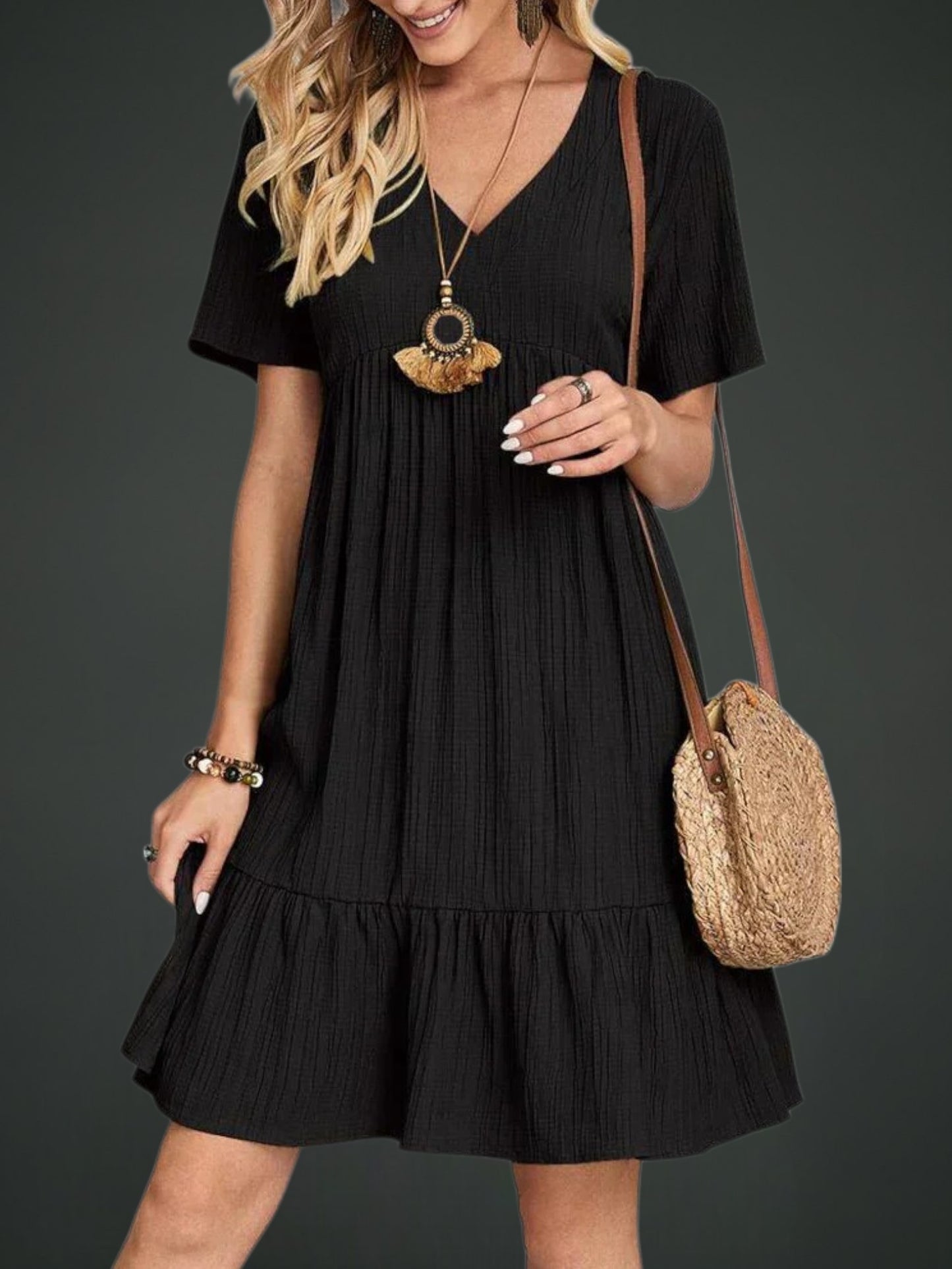 Élise | Bohemian V-Neck Summer Dress with Short Sleeves in Lightweight Polyester | Black
