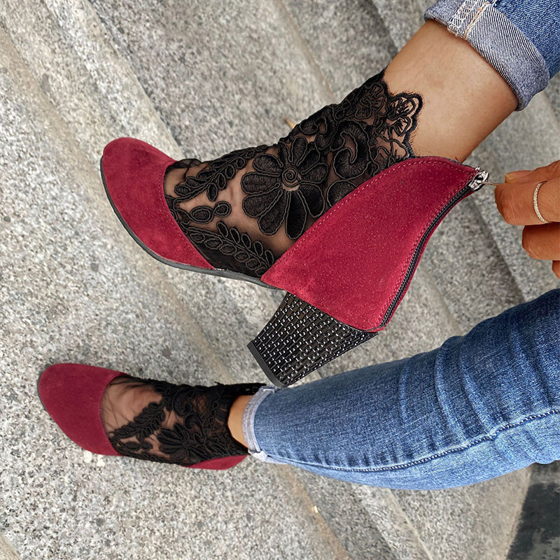 Women's Floral Lace Mesh High Heels with Rhinestones – Stylish Summer Shoes