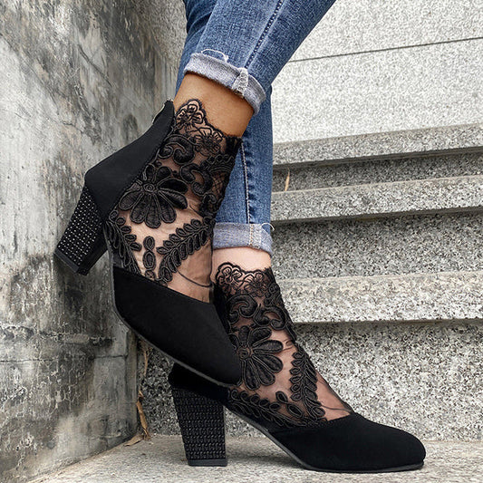 Women's Floral Lace Mesh High Heels with Rhinestones – Stylish Summer Shoes